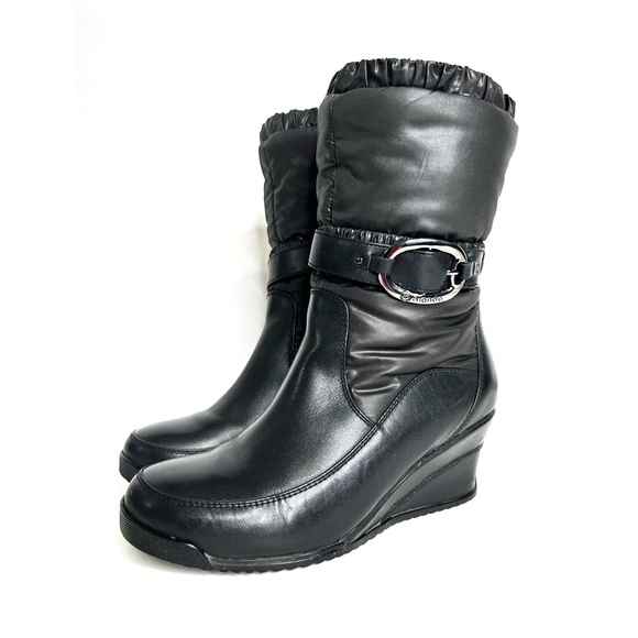 Blondo Puffer Leather Wedge Boots Waterproof Quilted Down Filled Nylon Black 7 - Picture 3 of 16